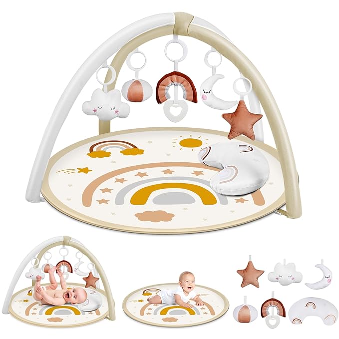 dearlomum Baby Play Gym Mat, Tummy Time Mat with 6 Detachable Toys for Stage-Based Sensory & Motor Skill All Development