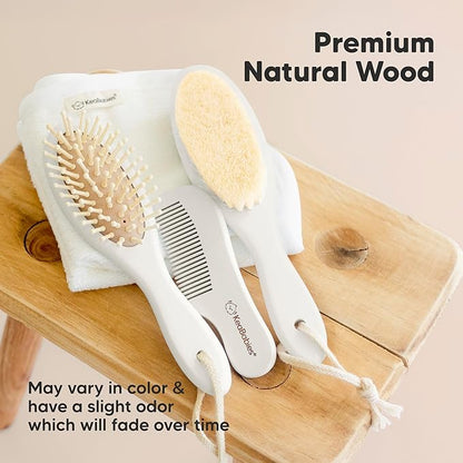 Baby Hair Brush and Comb Set for Newborn - Wooden Baby Hair Brush Set with Soft Goat Bristle, Baby Brush Set for Newborns, Baby Brush and Comb Set Girl, Boy, Toddler Cradle Cap Brush (Oval, Vanilla)