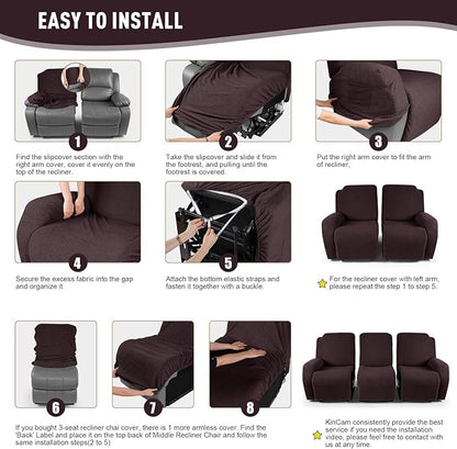 KinCam Recliner Covers, Stretch Reclining Chair Covers, Recliner Sofa Slipcovers Stripe Jacquard Recliner Couch Covers Furniture Protector Covers for Pet Kid (3 Seater, Chocolate)