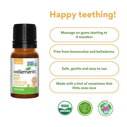 Wellements Organic Baby Tooth Oil | Soothing Massage Oil for Tiny Gums, Helps Make Teething Happy 0.5 Fl 4 Months
