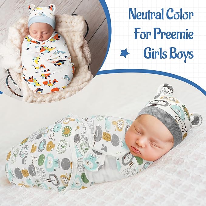 Buryeah 4 Pack Preemie Swaddle Blanket Wrap Set with Hat for Baby Boys Girls 3-7 Lbs Preemie Newborn Clothes Sleepers Cap