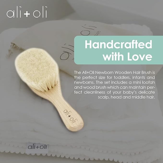 Ali+Oli Newborn Wooden Hair Brush- Baby Brush Set for Newborns- Baby Hair Brush with Mini Loofah- Infant Hair Brush, Cradle Cap, Wooden Baby Brush with Soft Goat Bristle