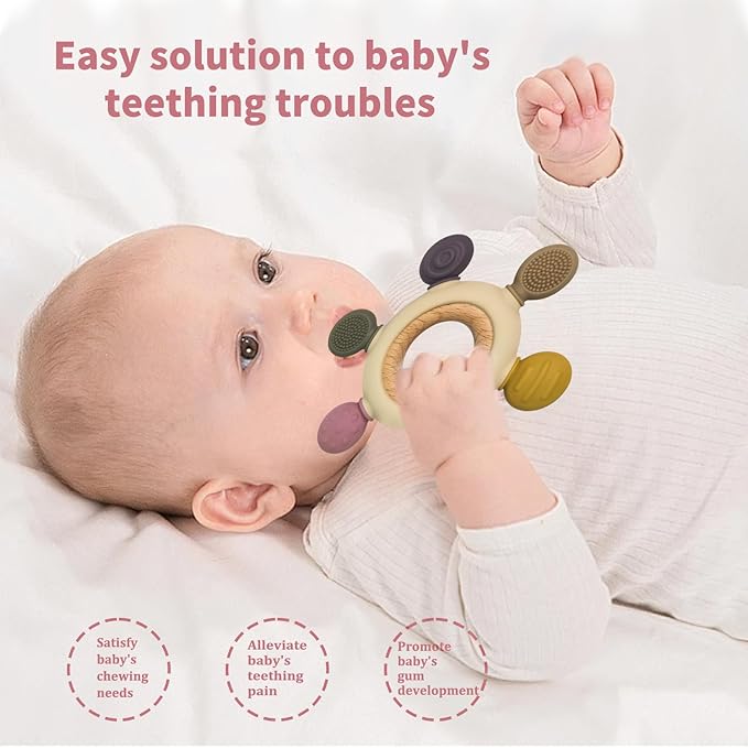 Baby Teething Toys with Wooden Ring, Teethers for Babies 3-6 Months