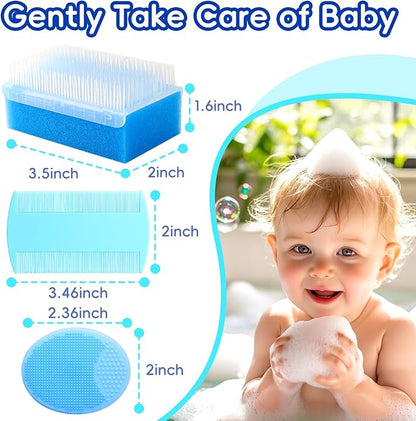 Cradle Cap Brush for Babies, Baby Bath Essentials with Silicone Scrubber Bath Sponge Dual-Sided Comb for Newborns Toddlers Boys Girls (Blue,Set of 5)