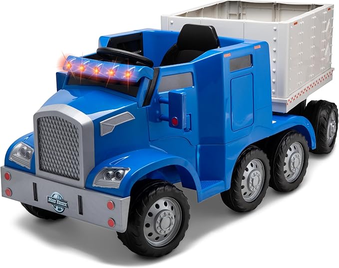 Kid Trax 12V Kids Ride On Semi-Truck with Detachable Trailer - Realistic Sounds, Lights 3-5, Max 77 lbs
