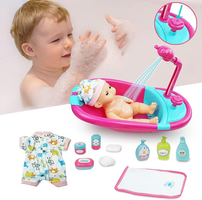 RedCrab 12" Baby Doll Toys Newborn Doll Bath and Bed 2-in-1 Shaker 25pcs Accessories 3+ Year