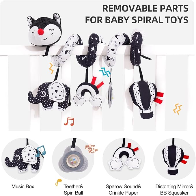Koty Car Seat Toys, Infant Baby Spiral Plush Activity Hanging Toy for Stroller Bar Pram Crib with Music Box BB Squeaker & Rattles(Black Fox)