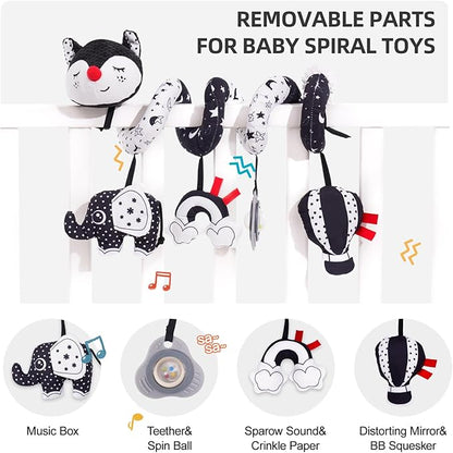 Koty Car Seat Toys, Infant Baby Spiral Plush Activity Hanging Toy for Stroller Bar Pram Crib with Music Box BB Squeaker & Rattles(Black Fox)