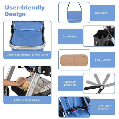 BABY JOY Baby Stroller, 2-in-1 Convertible Bassinet Reclining Stroller, Foldable Pram Carriage with 5-Point Harness, Including Cup Holder, Foot Cover, Diaper Bag, Aluminum Structure, Blue