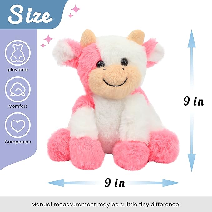 Hopearl Adorable Plush Cow Toy Floppy Dairy Cattle Soft Stuffed Animal Cute Birthday for Boys Girls Kids Toddlers, Strawberry Pink 9''