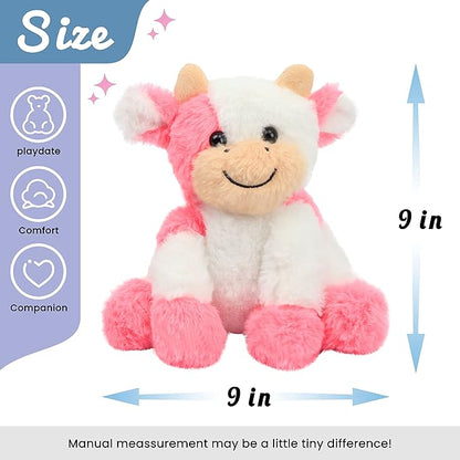 Hopearl Adorable Plush Cow Toy Floppy Dairy Cattle Soft Stuffed Animal Cute Birthday for Boys Girls Kids Toddlers, Strawberry Pink 9''