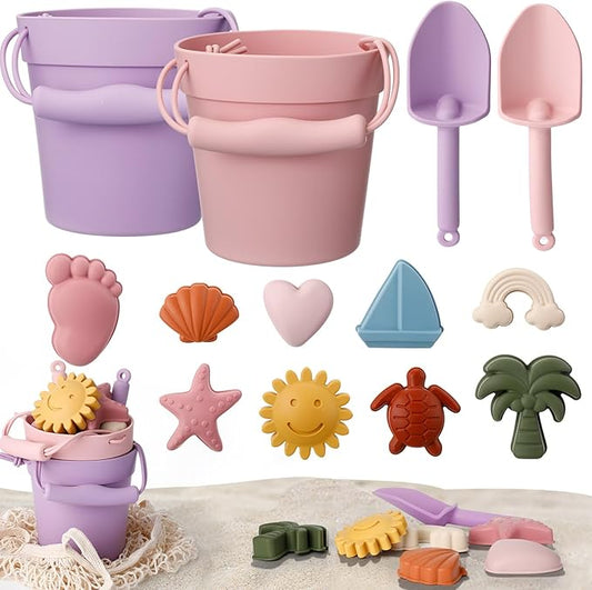 Hungdao 14 Pcs Silicone Beach Toys Travel Beach Set Sand Toys Include 2 Silicone Bucket Pail, 2 Shovel 9 Sand 1 Beach