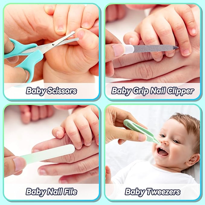 Baby Healthcare and Grooming Kit, Baby Safety Set Newborn Nursery Health Care Set with Hair Brush Scale Measuring Spoon Nail Clippers (17pcs, Green)