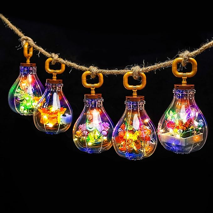 ZYLEGEN Succulents Flowers Light Bulb Building Block Set with 2 LED Lights,Succulents Flowers Building Sets for Adults 7+ Year
