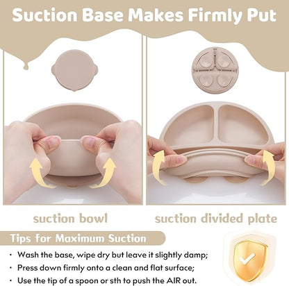 Silicone Baby Feeding Set, Baby Led Weaning Supplies, Eating Essentials Utensils with Suction Plate and Bowl, Pocket Bib, Sippy Cup with Lid, Forks Spoons Snack Container, for 6+ Months, Beige
