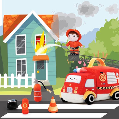 OUOZZZ Firetruck Toys for Toddlers 1-3 - Stuffed Toy Set with Baby Firefighter Doll - Fire Truck Plush Sensory Toy - First Birthday Gift fir Boys 2 Year Old Toys Montessori- Fire Toy for Babies