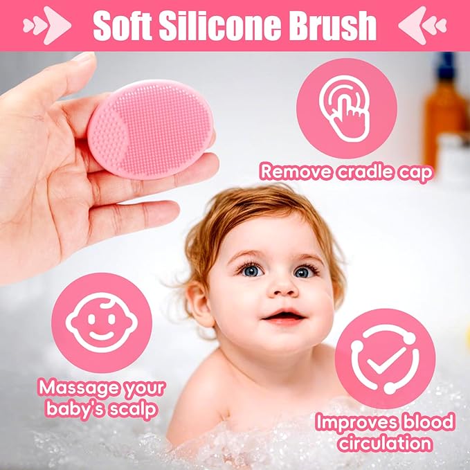 Cradle Cap Brush for Babies, 5Pcs Cradle Cap Treatment Set with Soft Bristle Brushes Silicone Scrubber Fine-Tooth Comb for Newborn Bathing Essentials Baby Brush and Comb Set (Pink)