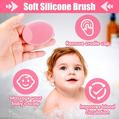 Cradle Cap Brush for Babies, 5Pcs Cradle Cap Treatment Set with Soft Bristle Brushes Silicone Scrubber Fine-Tooth Comb for Newborn Bathing Essentials Baby Brush and Comb Set (Pink)
