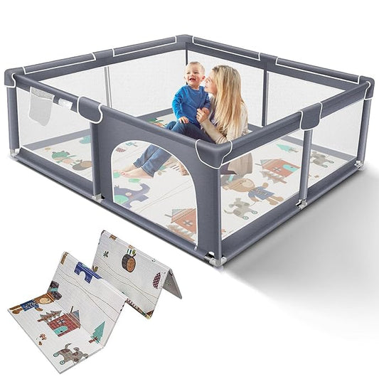 Suposeu Baby Playpen with Mat, Large Playpen for Babies and Toddlers, Play Yard for Indoor and Outdoor Use, Sturdy Safety Fence with Soft Breathable Mesh (71x59 Inches, Grey)
