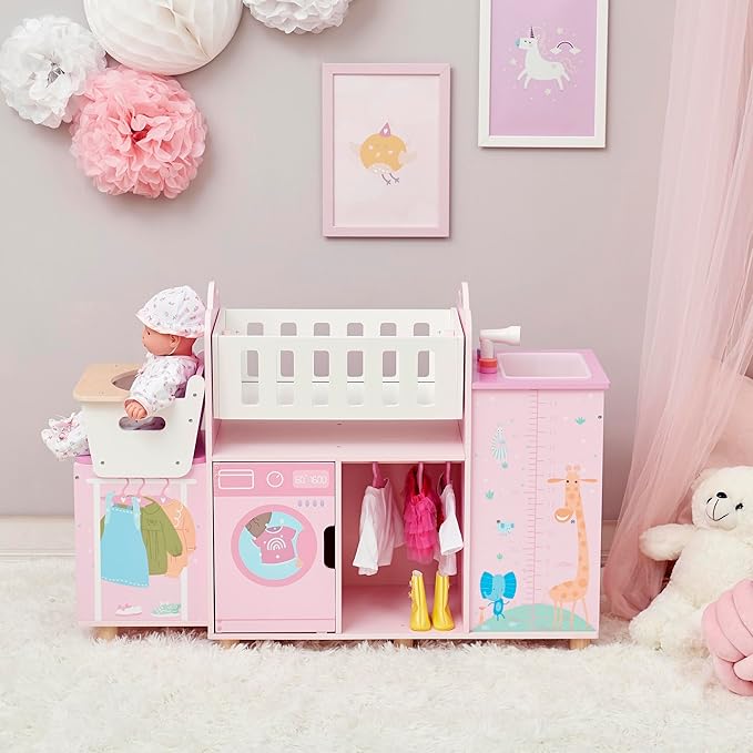 Olivia's Little World Amanda 6-in-1 Wooden Doll Nursery Station with Rocking Cradle, High Chair 3 yrs