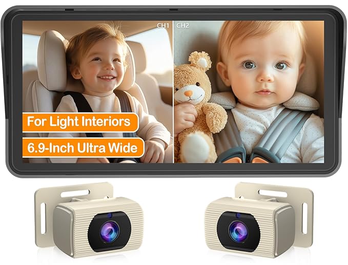 Yakry 2-Kids Baby Car Camera for Seat: 6.9 Inch Split-Screen Display with 2 Cameras Rear Facing - HD 1080P, IR Night Vision, Easy to Install Backseat Camera with 150°Wide Angle White