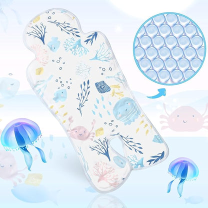 Pinkunn Gel Car Seat Baby Cooling Pad for Summer Breathable Stroller Cooler Pad Multifunctional Carseat Cooling Mat for Baby Child Dining Chair Safety Seat Stroller(Blue, White,Sea)