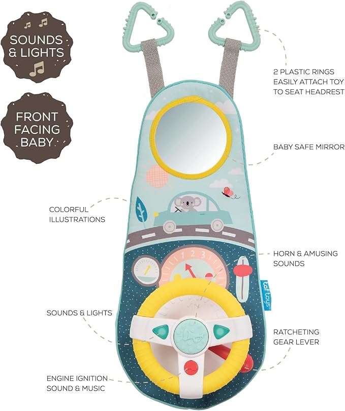 Baby Car Seat Toys for Infants with Mirror, Carseat Toys Steering Wheel with Music Lights & Driving Sounds Car Seat Toy for Babies 6 to 12 Months