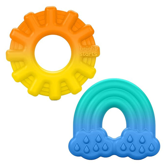 Bright Starts Chance of Smiles Silicone Teether 2-Pk, Easy-Grasp Sun and Rainbow 3 Months+