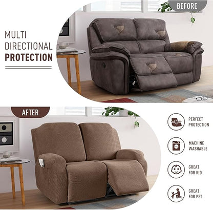 KinCam Recliner Covers, Stretch Reclining Chair Covers, Recliner Sofa Slipcovers Stripe Jacquard Recliner Couch Covers Furniture Protector Covers for Pet Kid (2 Seater, Light Coffee)