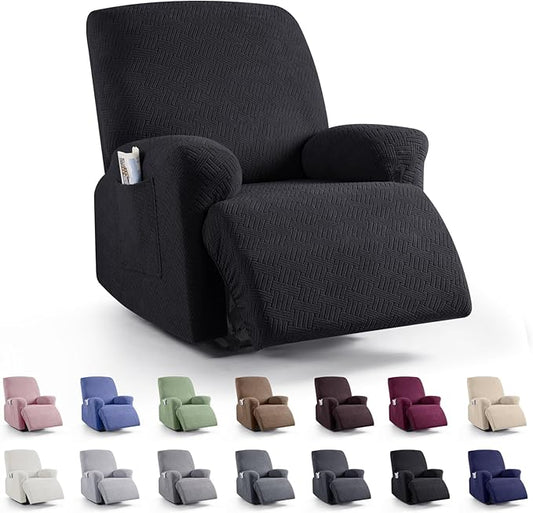 KinCam Recliner Covers, Stretch Reclining Chair Covers, Recliner Sofa Slipcovers Stripe Jacquard Recliner Couch Covers Furniture Protector Covers for Pet Kid (1 XL Seater, Black)