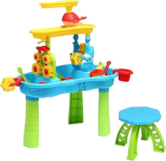 Toddler Sensory Sand and Water 3 Tier Table with Chair | Indoor & Outdoor Water and Sand Summer Beach Toys and Play Table for Kids
