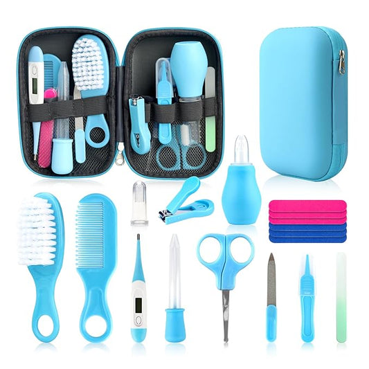 Baby Healthcare and Grooming Kit, Baby Safety Care Set, Baby Electric Nail Trimmer Set Newborn Nursery Health Care Set for Newborn Infant Toddlers Baby Boys Girls Kids (Blue-18 Kits)