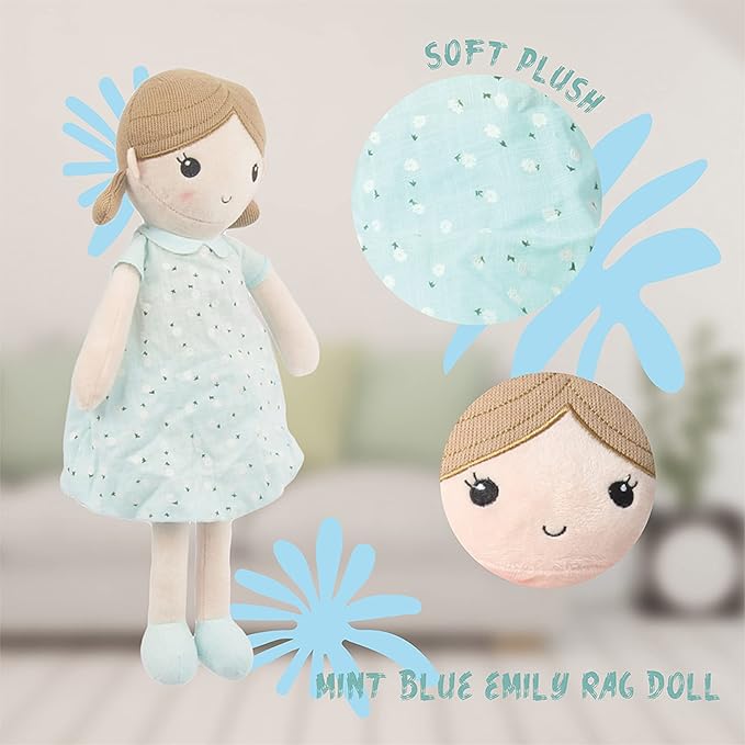 Linzy Toys, Soft Plush Mint Blue Emily Rag Doll 15"