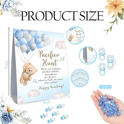 51Pcs Winnie Baby Shower Games, Include Baby Pacifier Hunt Sign and 50 Blue Mini Pacifiers