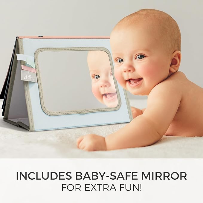 Soft Tummy Time Book w/ Large Stimulating Baby Safe Mirror - Fun High Contrast Montessori Toy w/ Mirror, Crinkle Filling & Silicone Teether