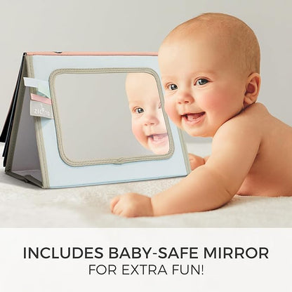 Soft Tummy Time Book w/ Large Stimulating Baby Safe Mirror - Fun High Contrast Montessori Toy w/ Mirror, Crinkle Filling & Silicone Teether