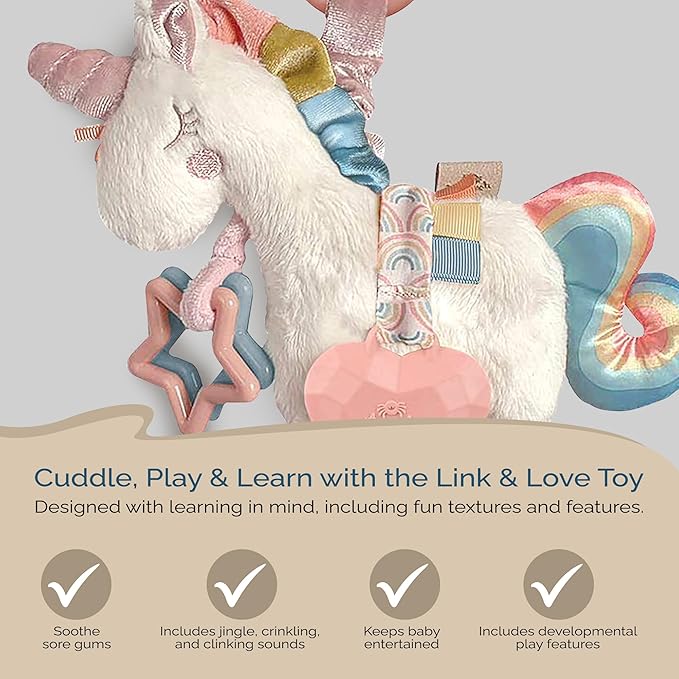 Itzy Ritzy Link & Love Toy for Stroller or Car Seat; Features Textured Ribbons, Crinkle Sounds, Clinking Rings & Silicone Teether; Designed For Ages 0 Months and Up (Unicorn)