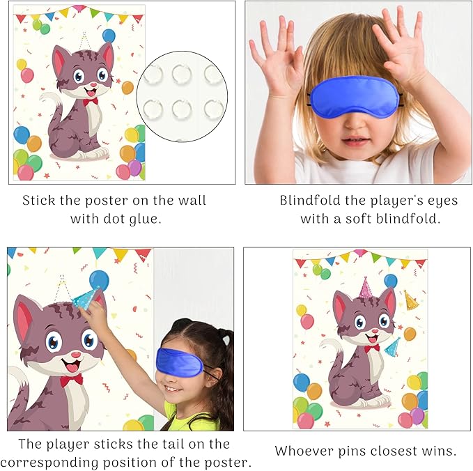 Morcheiong Pin The Tail on The Cat Birthday Party Game 48 Hats,