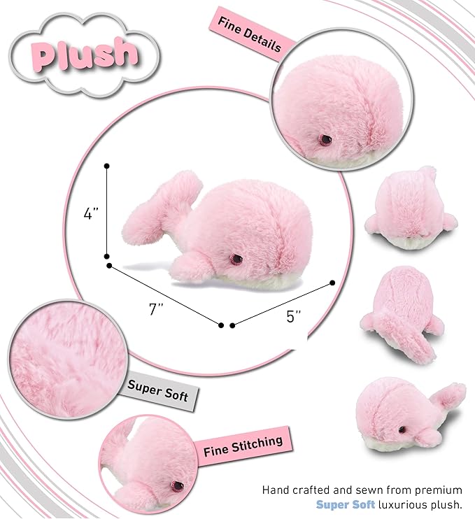 DolliBu Plush Whale Stuffed Animal - Soft Huggable Pink Whale, Adorable Playtime Whale Plush Toy 7Inches