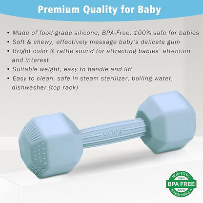 Giftty Baby Dumbbell Infant Rattle Silicone Teething Toy Teether Infants Toddler Sensory Toy Exercises Weight - Made of 100% Food-Grade Silicone, Safe for Baby Boys and Girls (1pcs 4.8oz