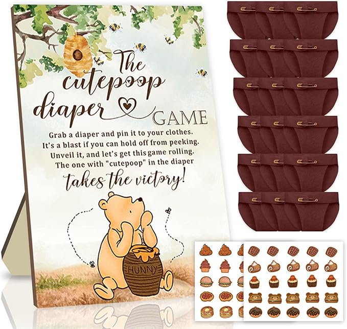 Winnie Baby Shower Games Set - Winnie Wooden Baby Shower Sign with 50 Pcs Mini Felt Diapers Brown, The Cutepoop Diaper Baby Shower Game