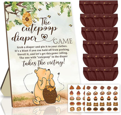 Winnie Baby Shower Games Set - Winnie Wooden Baby Shower Sign with 50 Pcs Mini Felt Diapers Brown, The Cutepoop Diaper Baby Shower Game