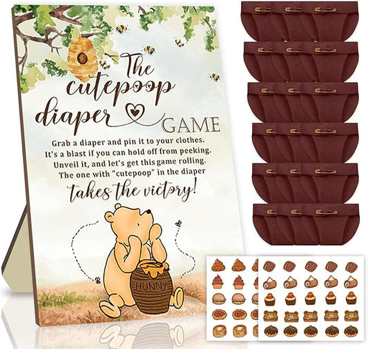 Winnie Baby Shower Games Set - Winnie Wooden Baby Shower Sign with 50 Pcs Mini Felt Diapers Brown, The Cutepoop Diaper Baby Shower Game