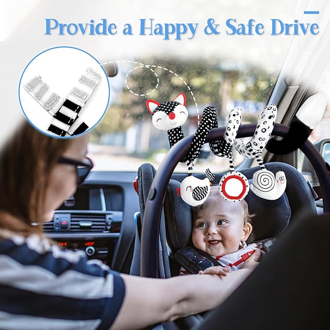 Car Seat Toys for Babies 0-6 Months Boy Girl Carseat Toys Hanging, Black and White High Contrast Baby Toy for Newborn, Baby Infant Sensory for Crib Mobile Carseat Stroller, Gift for 0 3 6 9 12 Months