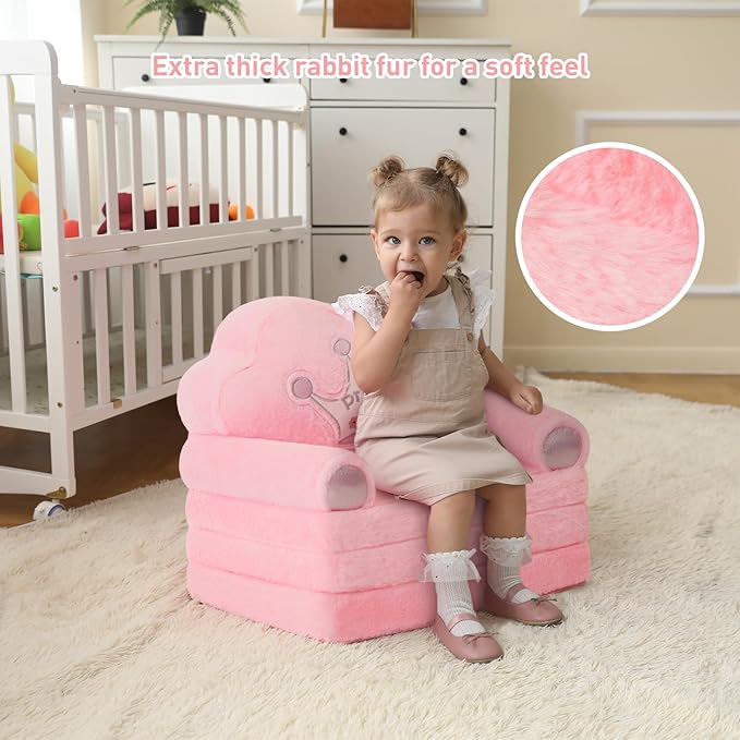 MOONBEEKI Toddler Chair Comfy，Foldable Princess Kids Couch for Girl, Toddler Recliners for Kids Over 18 Months, Kids Sofa Bed Fold Out (Pink)