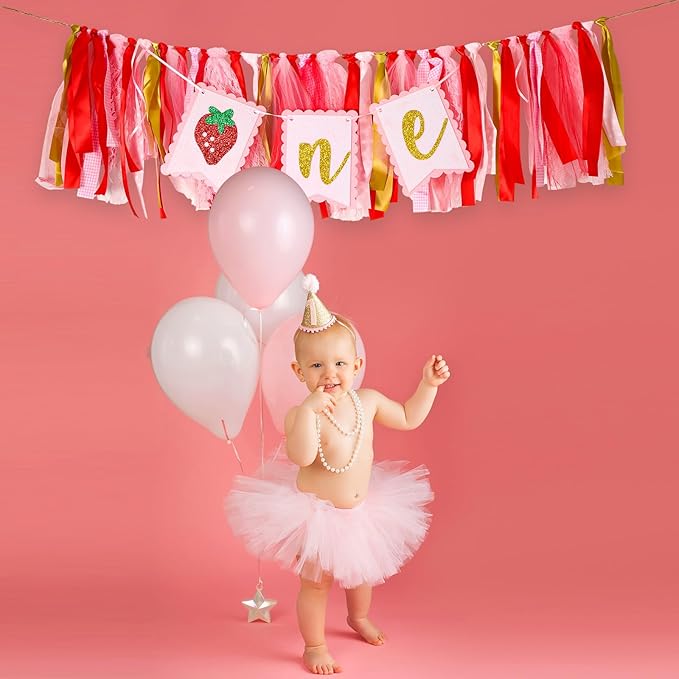 Strawberry One Birthday High Chair Banner, Cute Strawberry First Birthday