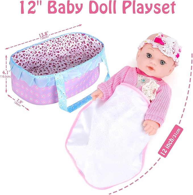 Realistic Baby Dolls 12 Inch Girl Baby Doll with Accessories and Clothes Includes Blanket,Carrier Bassinet Bed 3 Ages