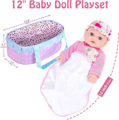 Realistic Baby Dolls 12 Inch Girl Baby Doll with Accessories and Clothes Includes Blanket,Carrier Bassinet Bed 3 Ages