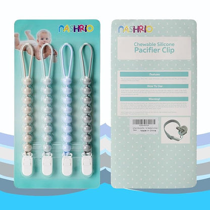 4-Pack Silicone Pacifier Clips for Baby Boys and Girls - with One-Piece Beads, Flexible and Rust-Free Holders for Teething Relief and Baby Essentials