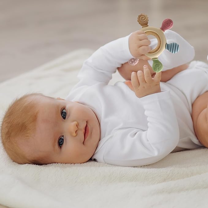 [BabyBite] Baby Teething Toys Silicone and Beechwood Baby Teether Ring 100% BPA 0M+